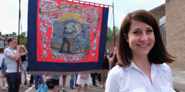 Labour leadership candidate Liz Kendall joins the march with the Fishburn Colliery Banner from Sedgefield during the annual Durham Miners Gala on July 11, 2015 in Durham, England.