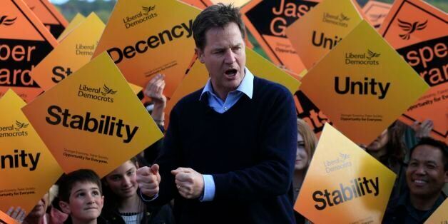 Liberal Democrat Party leader Nick Clegg delivers a speech to supporters during a visit to Hush Heath Winery in Staplehurst, Kent whilst on the General Election campaign trail.