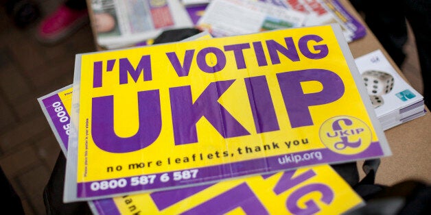 CROYDON, ENGLAND - MAY 20: A UKIP party poster outside Whitgift Shopping Centre in Croydon on May 20, 2014 in Croydon, England. Mr Farage was due to attend the UKIP mini carnival in Croydon High Street but pulled out at the last minute. Designed to show diversity within his party organisers said his no show was due to fears for his safety. (Photo by Dan Dennison/Getty Images)