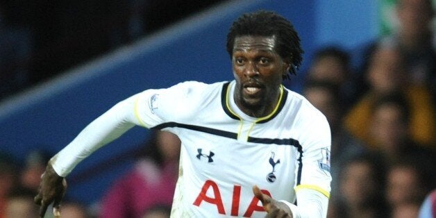 Tottemham's Emmanuel Adebayor during the English Premier League soccer match between Aston Villa and Tottenham Hotspur at Villa Park, Birmingham, England, Sunday, Nov. 2, 2014. (AP Photo/Rui Vieira)