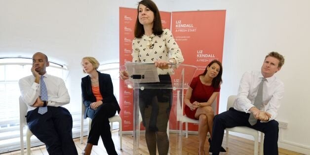 Candidate for Labour leader, Liz Kendall makes a speech in Brixton after visiting Brixton Solar in south London with her leadership backers (seated left to right) Chuka Umunna, Emma Reynolds, Gloria De Piero and Tristram Hunt, where they saw how solar energy is being produced on the Ruopell Park Estate with the cooperation of the residents.