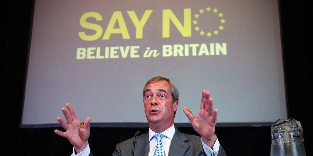 UKIP leader Nigel Farage speaks during a conference in which he discussed how the 'No' campaign can win the Euro exit referendum, on July 30, 2015 in London, England. Mr Farage addressed supporters as called for a step up in the 'No' campaign in the referendum on whether the UK should remain a member of the European Union. (Photo by Carl Court/Getty Images)