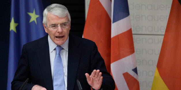 Britain's former Prime Minister Sir John Major speaks during a Europe Forum of the Konrad-Adenauer-Foundation in Berlin, Germany, Thursday, Nov. 13, 2014. The topic of Majors's speech was 'Great Britain and the EU - In or out?'. (AP Photo/Michael Sohn)