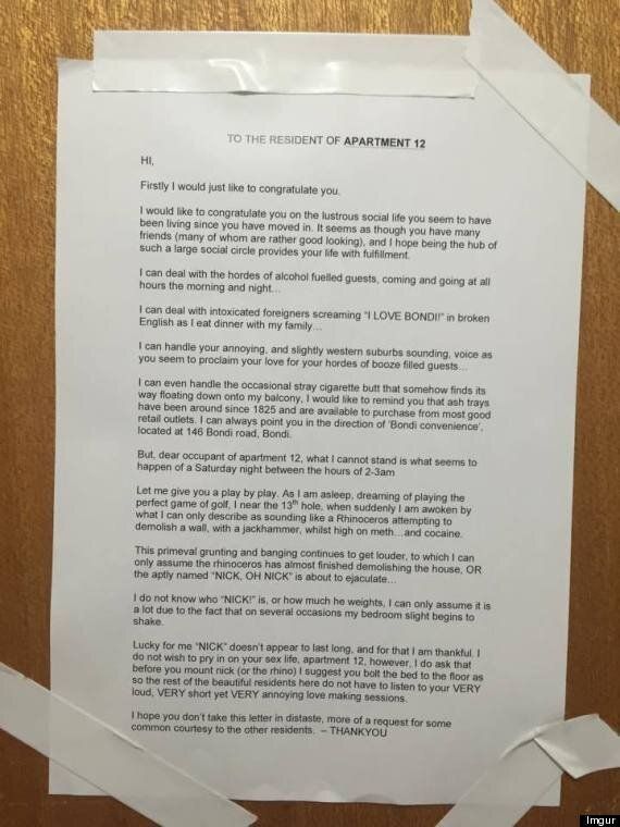Man Pins Letter To Neighbours' Door, Begs Them To Stop Having 'Very Loud,  Very Short And Very Annoying' Sex | HuffPost UK Life