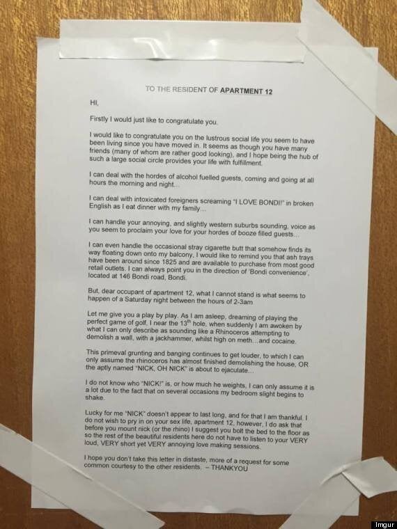 Man Pins Letter To Neighbours' Door, Begs Them To Stop Having 'Very Loud, Very Short And Very Annoying' Sex | HuffPost UK Life Man Pins Letter To Neighbours' Door, Begs Them To Stop Having 'Very Loud, Very Short And Very Annoying' Sex | HuffPost UK Life