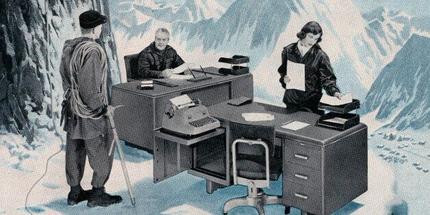 Mountain climber discovering a business office on an icy ledge high in the mountains, 1955. Screen print. (Illustration by GraphicaArtis/Getty Images)
