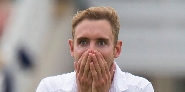 England's Stuart Broad reacts after a catch by teammate Ben Stokes dismissed Australia's Adam Voges for 1 on the first day of the fourth Ashes test cricket match between England and Australia at Trent Bridge cricket ground in Nottingham, England, Thursday, Aug. 6, 2015. (AP Photo/Jon Super)