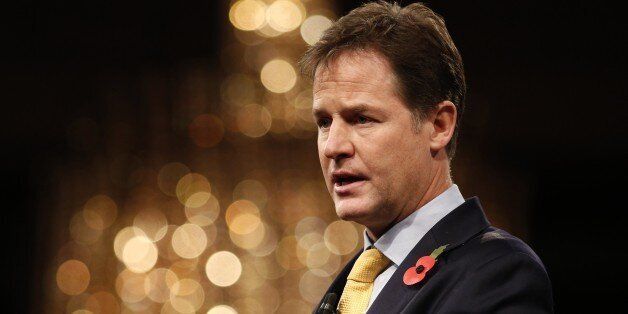 British Deputy Prime Minister Nick Clegg addresses delegates at the annual Confederation of British Industry (CBI) conference in central London on November 10, 2014. AFP PHOTO / JUSTIN TALLIS (Photo credit should read JUSTIN TALLIS/AFP/Getty Images)