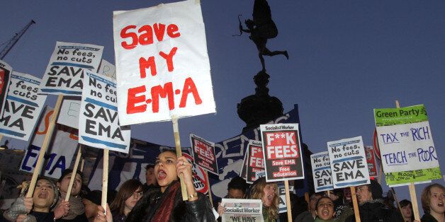 Protesters gather in Piccadilly Circus, London, in a protest against controversial plans to scrap the Education Maintenance Allowance (EMA).