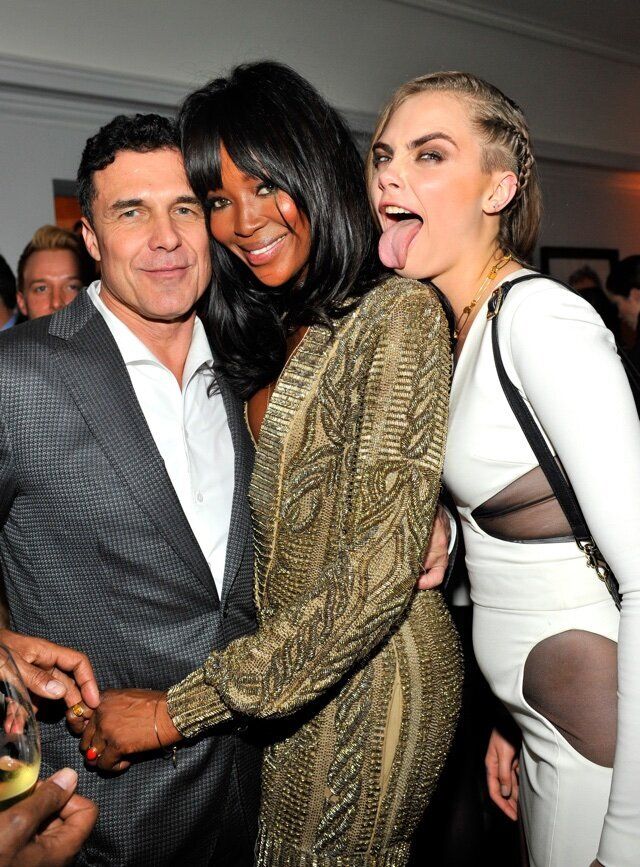 LOS ANGELES, CA - JANUARY 08: (L-R) President & CEO, Andre Balazs Properties Andre Balazs, model-actress Naomi Campbell and model Cara Delevingne attend the W Magazine celebration of the 'Best Performances' Portfolio and The Golden Globes with Cadillac and Dom Perignon at Chateau Marmont on January 8, 2015 in Los Angeles, California. (Photo by Donato Sardella/Getty Images for W Magazine)