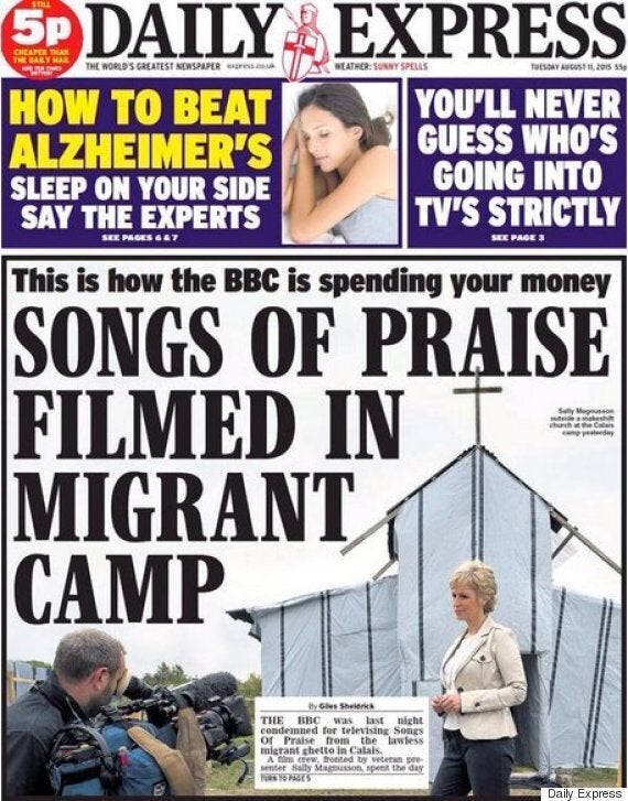 Daily Express Front Page On Calais Migrants And Songs Of Praise Is Not Very 'Christian' Giles