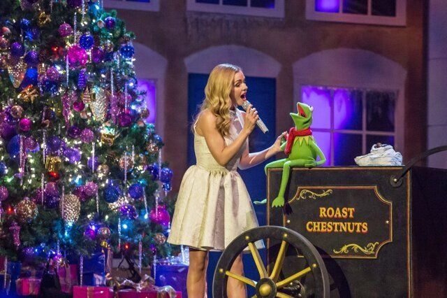 EDITORIAL USE ONLY. NO MERCHANDISING Mandatory Credit: Photo by REX (4320260n) Katherine Jenkins and Kermit the Frog 'A Christmas Cracker' TV show, Hammersmith Apollo, London, Britain - 26 Dec 2014 Bradley Walsh will be getting everybody into the festive spirit as he hosts a Christmas extravaganza from The Hammersmith Apollo. The event is being tramsmitted on ITV at 8pm Friday 26th December 2014 - Boxing Day. He will be joined by one of the hottest bands in the UK, 'The Vamps', The Muppets will be flying in from America for a special festive appearance and Katherine Jenkins will add some sparkle to proceedings with a very special duet. There will be comedy from Al Murray, The Pub Landlord and the world renowned Cirque de Soleil will join with a show stopping routine. The cast of the hit West End musical, Irving Berlin's White Christmas will also be performing. There will also be games and Christmas giveaways galore. Get in the Christmas spirit and prepare for a night to remember