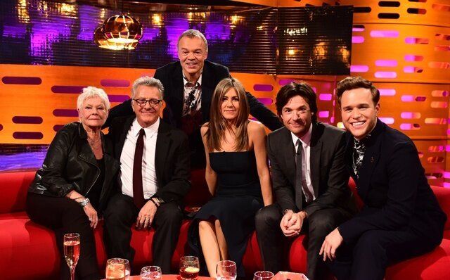 Host Graham Norton (back) with guests (left to right) Dame Judi Dench, Dustin Hoffman, Jennifer Aniston, Jason Bateman and Olly Murs during filming for The Graham Norton show at the London Studios, London. PRESS ASSOCIATION Photo. Picture date: Thursday November 13, 2014. The programme is due to be transmitted on November 21. Photo credit should read: Ian West/PA Wire