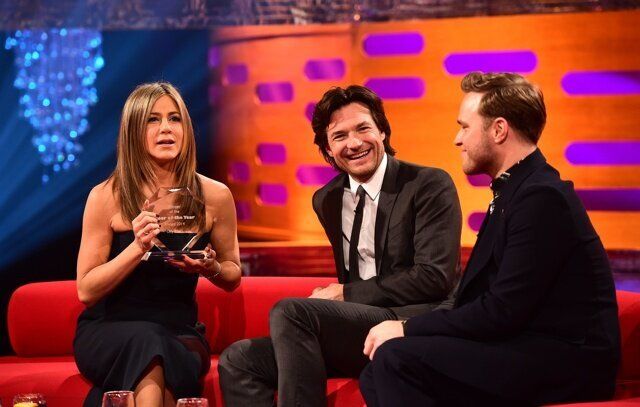 (left to right) Jennifer Aniston, Jason Bateman and Olly Murs during filming for The Graham Norton show at the London Studios, London. PRESS ASSOCIATION Photo. Picture date: Thursday November 13, 2014. The programme is due to be transmitted on November 21. Photo credit should read: Ian West/PA Wire
