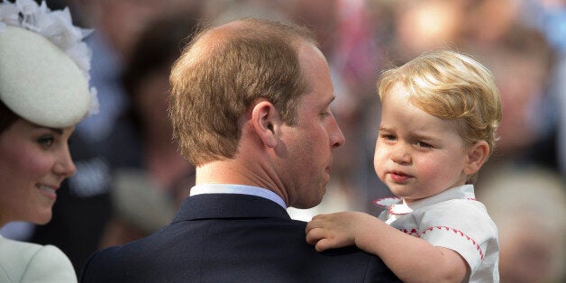 FILE - In this Sunday, July 5, 2015 file photo, Britain's Prince William, Kate the Duchess of Cambridge and their son Prince George leave after their daughter Princess Charlotte's Christening at St. Mary Magdalene Church in Sandringham, England. Britainâs royals on Wednesday July 22 ,2015 celebrate the second birthday of George, the first child of Prince William and his wife, Kate. (AP Photo/Matt Dunham, file)