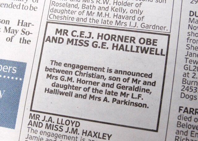 Mandatory Credit: Photo by REX (4240614a) Times newspaper featuring the announcement of the engagement of Geri Halliwell and Christian Horner Geri Halliwell and Christian Horner announce their engagement in The Times newspaper, Britain - 11 Nov 2014 Publishing upcoming marriages in the classified section of The Times newspaper is a traditional ritual in Britain.