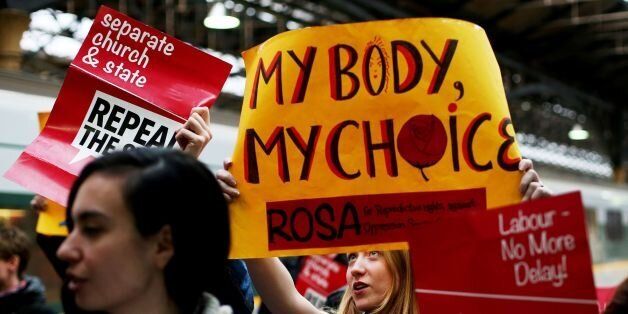 Pro-choice activists at Connolly station, Dublin, after they took a train from Dublin to Belfast to bring back abortion pills unavailable in the Republic of Ireland.