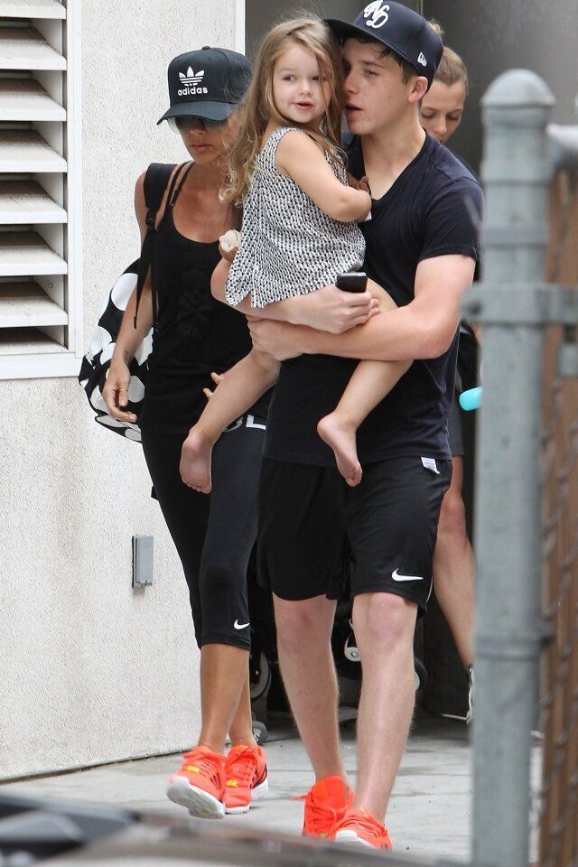 NO JUST JARED USAGE David Beckham and Victoria Beckham leave a SoulCycle class with Brooklyn and Harper in Brentwood, CA. *NO DAILY MAIL SALES*  Pictured: Brooklyn Beckham and Harper Beckham Ref: SPL809707 260714  Picture by: Splash News  Splash News and Pictures Los Angeles: 310-821-2666 New York: 212-619-2666 London: 870-934-2666 photodesk@splashnews.com 