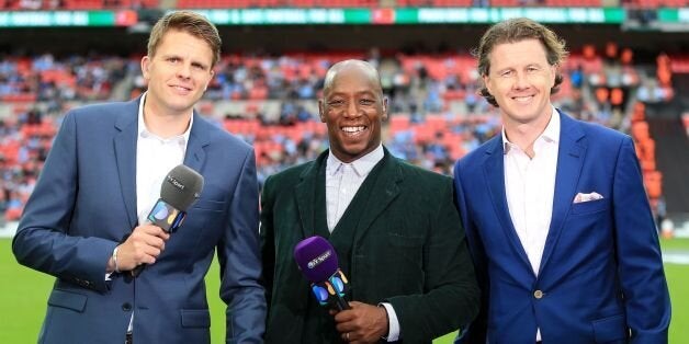 BT Sport presenters Jake Humphrey (left), Ian Wright (centre) and Steve McManaman during the Community Shield match at Wembley Stadium, London.