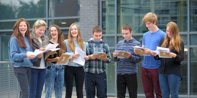 (left to right) Minnie and Tallulah Crawley, Florence and Dorothy Hislop, George and Sam Price and Marcus and Charlotte Hook, open their GCSE results at St Mary Redcliffe and Temple in Bristol.