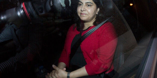 LONDON, ENGLAND - AUGUST 05: Former Minister of State at the Foreign Office, Baroness Warsi leaves an appartment building by car on August 5, 2014 in London, England. Lady Warsi announced today that she is has resigned from the government because she can no longer support government's policy on the recent Gaza conflict. (Photo by Oli Scarff/Getty Images)