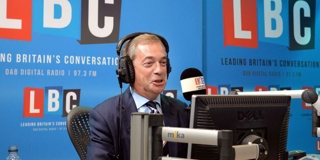 Nigel Farage on the LBC Radio phone-in show, in the studios, in central London.