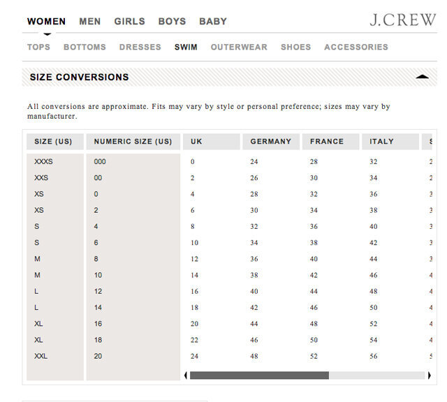 J Crew Coat Size Chart