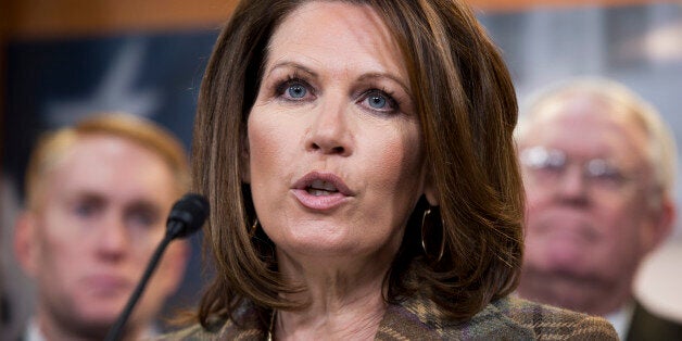 Rep. Michelle Bachmann, R-Minn., speaks at a news conference in the Capitol Visitor Center in support of the plaintiffs in the Sebelius v. Hobby Lobby Stores case which began today the Supreme Court. The case has to do with Hobby Lobby's desire to not provide coverage for emergency contraception as stipulated in the Affordable Care Act. (Photo By Tom Williams/CQ Roll Call)