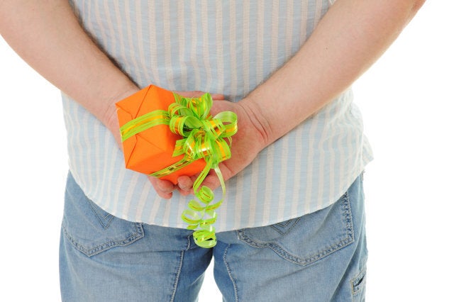 men with orange gift isolated on white background