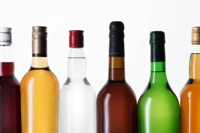 Various alcoholic drinks in bottles, spirits, whiskey, vodka, sherry, rum
