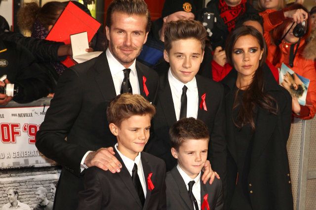 LONDON, UNITED KINGDOM - DECEMBER 01: David Beckham, Brooklyn Beckham, Victoria Beckham, Romeo Beckham and Cruz Beckham attend the premiere of 'The Class Of 92' at Odeon West End on December 1, 2013 in London, England. (Photo by Fred Duval/FilmMagic)