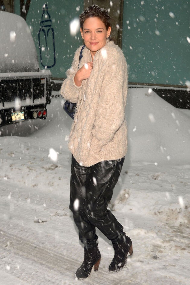 Katie Holmes Braves The New York Snow In Leather Joggers And An