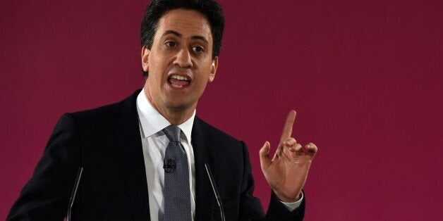 Leader of the opposition Labour Party Ed Miliband delivers his general election launch speech at The Lowry Theatre in Salford, north west England on January 5, 2015. Britain goes to the polls for a general election on May 7, 2015. AFP PHOTO / PAUL ELLIS (Photo credit should read PAUL ELLIS/AFP/Getty Images)