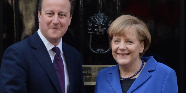 File photo dated 27/2/2014 of David Cameron welcomes Angela Merkel to 10 Downing Street in London. The Prime Minister will seek to bolster support for his bid to renegotiate Britain's membership of the European Union (EU) after May's general election in talks with the German Chancellor at Downing Street.