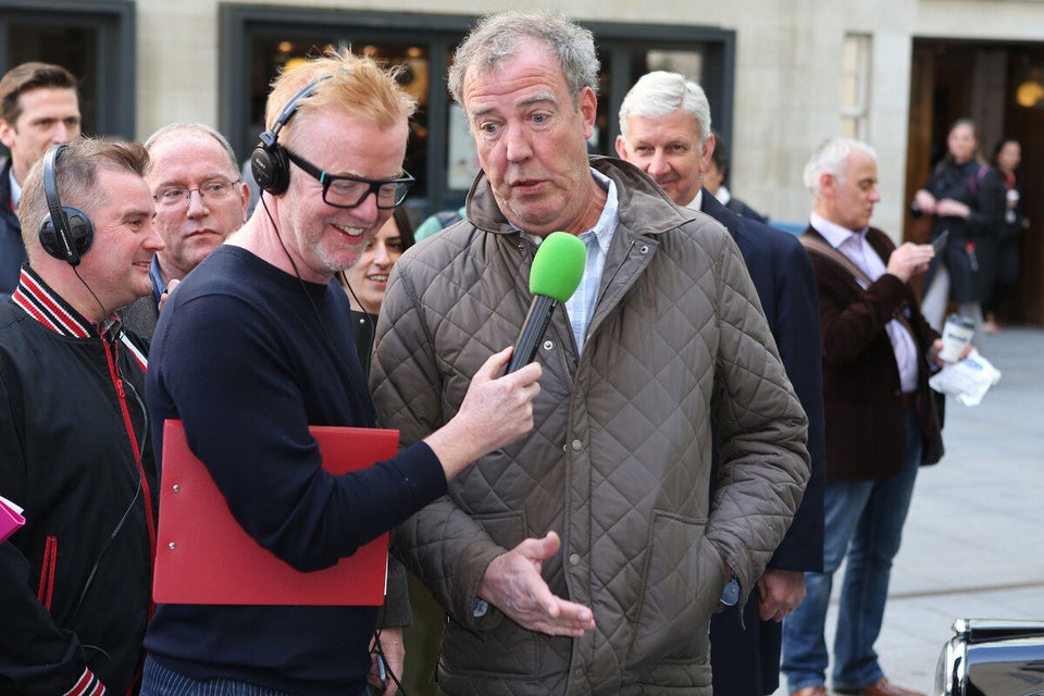 Former Top Gear TV Presenter Jeremy Clarkson being interviewed by Chris Evans in his first interview since being sacked outside the BBC Studios. Chris and Jeremy were talking about what happened with Top Gear and also viewing some classics cars - London