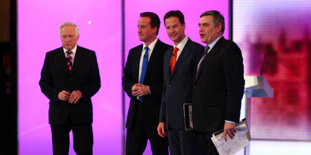 Election debate moderator David Dimblebly (far left), stands with Conservative Party leader David Cameron (second left) Liberal Democrat leader Nick Clegg (second right) and Prime Minister Gordon Brown, following the final live leaders' election debate, hosted by the BBC in the Great Hall of Birmingham University.