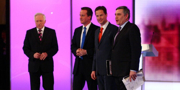 Election debate moderator David Dimblebly (far left), stands with Conservative Party leader David Cameron (second left) Liberal Democrat leader Nick Clegg (second right) and Prime Minister Gordon Brown, following the final live leaders' election debate, hosted by the BBC in the Great Hall of Birmingham University.