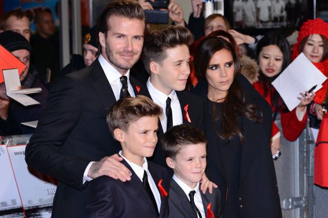 LONDON, ENGLAND - DECEMBER 01: (L-R) David Beckham, Romeo Beckham, Brooklyn Beckham, Cruz Beckham and Victoria Beckham attend the world premiere of 'The Class of 92' at the Odeon West End on December 1, 2013 in London, England. (Photo by Karwai Tang/WireImage)