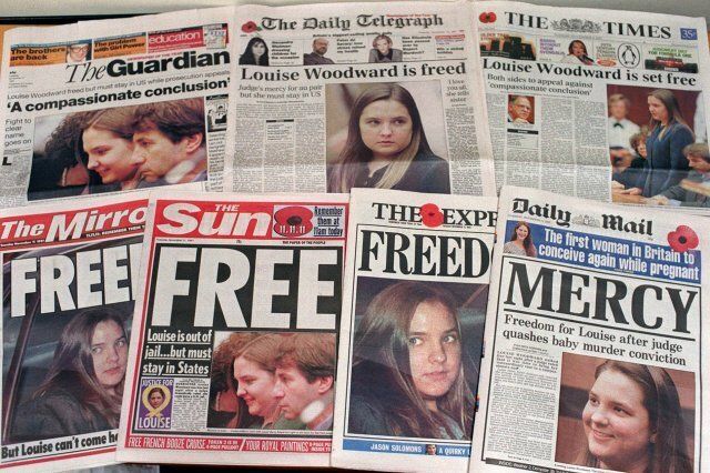 The covers of British national newspapers Tuesday, November 11, 1997, which all focus on the latest developments in the legal case surrounding British au pair Louise Woodward. The teenager had her conviction for the second degree murder of eight-month-old Matthew Eappen reduced to manslaughter by Judge Hiller Zobel in Cambridge, Mass. Monday, November 10, 1997, and was subsequently released after her sentence was reduced from 15 years to