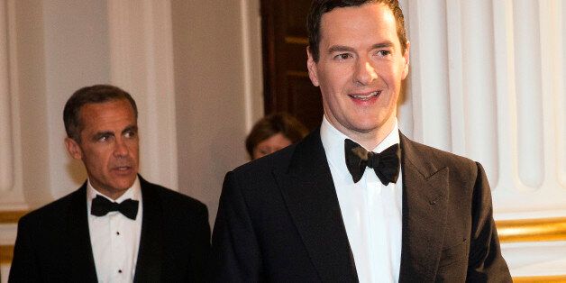 George Osborne, U.K. chancellor of the exchequer, right, and Mark Carney, governor of the Bank of England, arrive to attend the annual Bankers and Merchants dinner at Mansion House in London, U.K., on Thursday, June 12, 2014. Sterling advanced to the strongest level in 18 months against Europe's common currency as a gauge of U.K. house prices unexpectedly increased in May. Photographer: Simon Dawson/Bloomberg via Getty Images