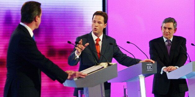 British opposition Conservative party leader, David Cameron (L), opposition Liberal Democrat leader, Nick Clegg (C), and Prime Minister, and leader of the ruling Labour Party, Gordon Brown (R), participate in the final of three live televised debates, at the University of Birmingham, in Birmingham, central England on April 29, 2010. Britain's main party leaders squared up for the final pre-election TV debate Thursday. AFP PHOTO/Gareth Fuller/Pool (Photo credit should read GARETH FULLER/AFP/Ge