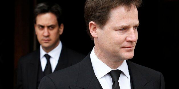 Britain's deputy prime minister, Nick Clegg (R), and leader of the opposition Labour party, Ed Miliband, leave after attending the funeral service of former British prime minister Margaret Thatcher at St Paul's Cathedral, in London April 17, 2013. Thatcher, who was Conservative prime minister between 1979 and 1990, died on April 8 at the age of 87. REUTERS/Olivia Harris (BRITAIN - Tags: POLITICS RELIGION OBITUARY SOCIETY)