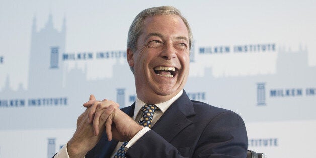 Nigel Farage, leader of the U.K. Independence Party (UKIP), reacts as he listens during the Milken Institute London summit in London, U.K., on Tuesday, Oct. 28, 2014. The summit brings together opinion makers, executives, investors and philanthropists during the Institutes two day event. Photographer: Simon Dawson/Bloomberg via Getty Images