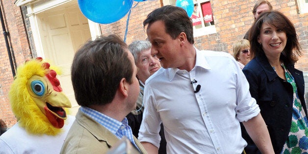 Cameron confronted by the Daily Mirror's chicken, not one from Nandos, during the 2010 campaign