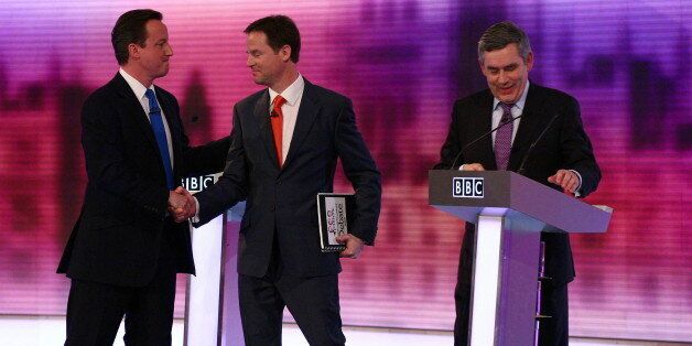 British opposition Conservative party leader, David Cameron (L), shakes hands with opposition Liberal Democrat leader, Nick Clegg (C), and Prime Minister, and leader of the ruling Labour Party, Gordon Brown (R), at the end of the live televised debate, at the University of Birmingham, in Birmingham, central England on April 29, 2010. Britain's main party leaders squared up for the final pre-election TV debate Thursday. AFP PHOTO/Gareth Fuller/Pool (Photo credit should read GARETH FULLER/AFP/Getty Images)