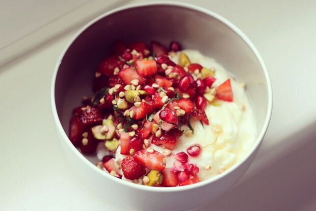 Yoghurt With Toasted Buckwheat, Mint, Berry + Pomegranate Salad