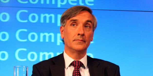 John Redwood MP looks on as Shadow Chancellor of the Exchequer, George Osborne comments on the Economic Competitiveness Policy Group Report.