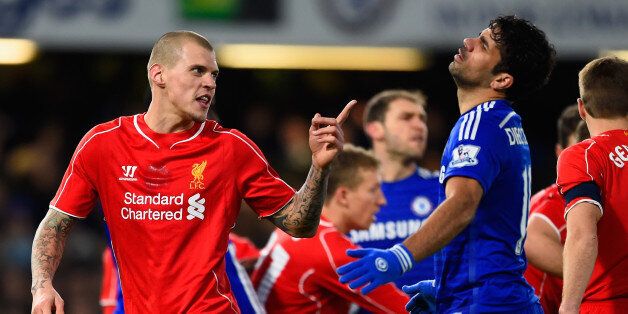 LONDON, ENGLAND - JANUARY 27: Martin Skrtel of Liverpool clashes with Diego Costa of Chelsea during the Capital One Cup Semi-Final second leg between Chelsea and Liverpool at Stamford Bridge on January 27, 2015 in London, England. (Photo by Mike Hewitt/Getty Images)