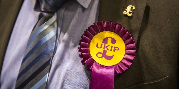 CLACTON-ON-SEA, ENGLAND - SEPTEMBER 24: A UK Independence Party (UKIP) member wears a party rosette pin at a meeting at Clacton Coastal Academy on September 24, 2014 in Clacton-on-Sea, England. The public meeting in Clacton was held ahead of next month's by-election in which Douglas Carswell, UKIP's Clacton by-election candidate, could become the party's first elected MP. (Photo by Rob Stothard/Getty Images)