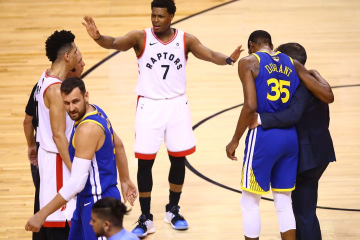 Kyle Lowry Toronto Raptors tells the crowd to stop cheering after Kevin Durant injures himself at Scotiabank Arena on June 10, 2019 in Toronto.